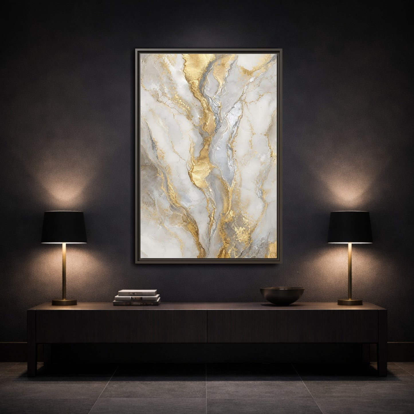 Mockup 3. Golden Marble Elegance shown as framed canvas print