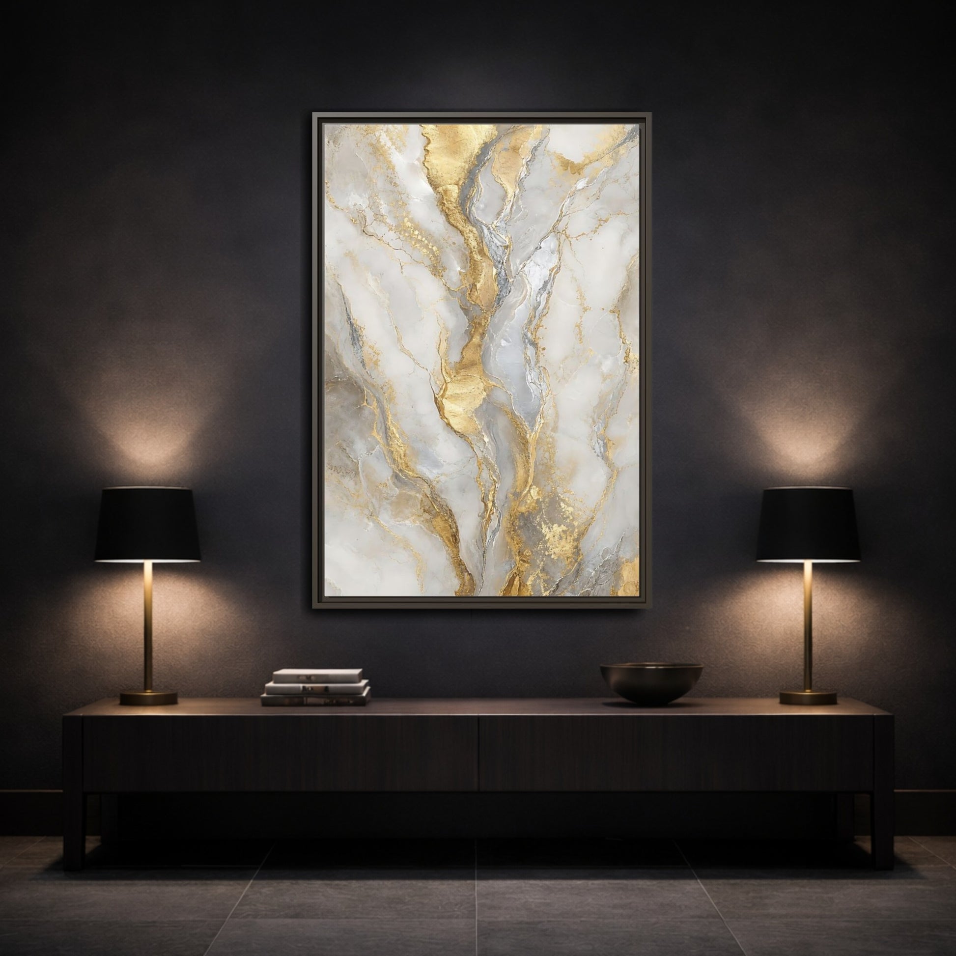 Mockup 3. Golden Marble Elegance shown as framed canvas print