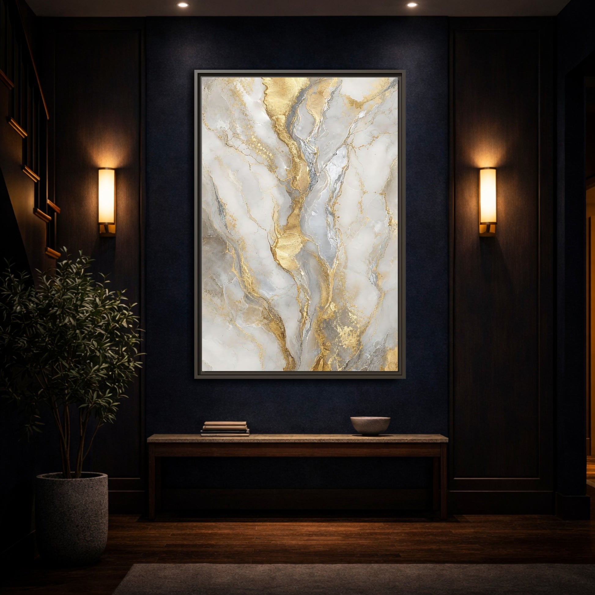 Mockup 4. Golden Marble Elegance shown as framed canvas print