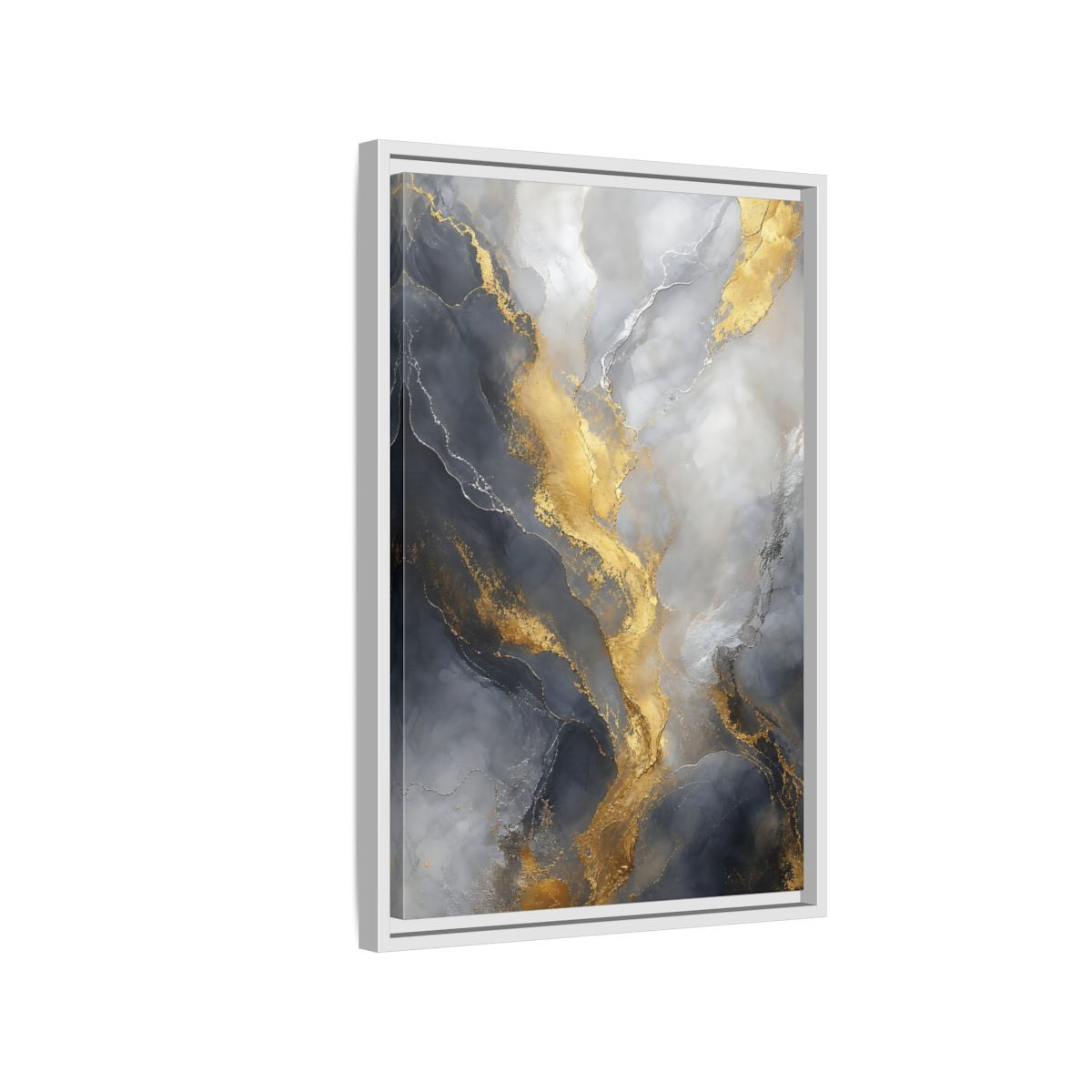 Side Mockup 1. Golden Marble Flow shown as framed canvas print