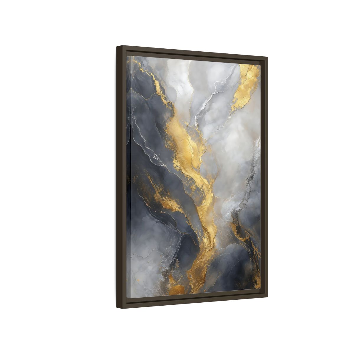 Side Mockup 2. Golden Marble Flow shown as framed canvas print