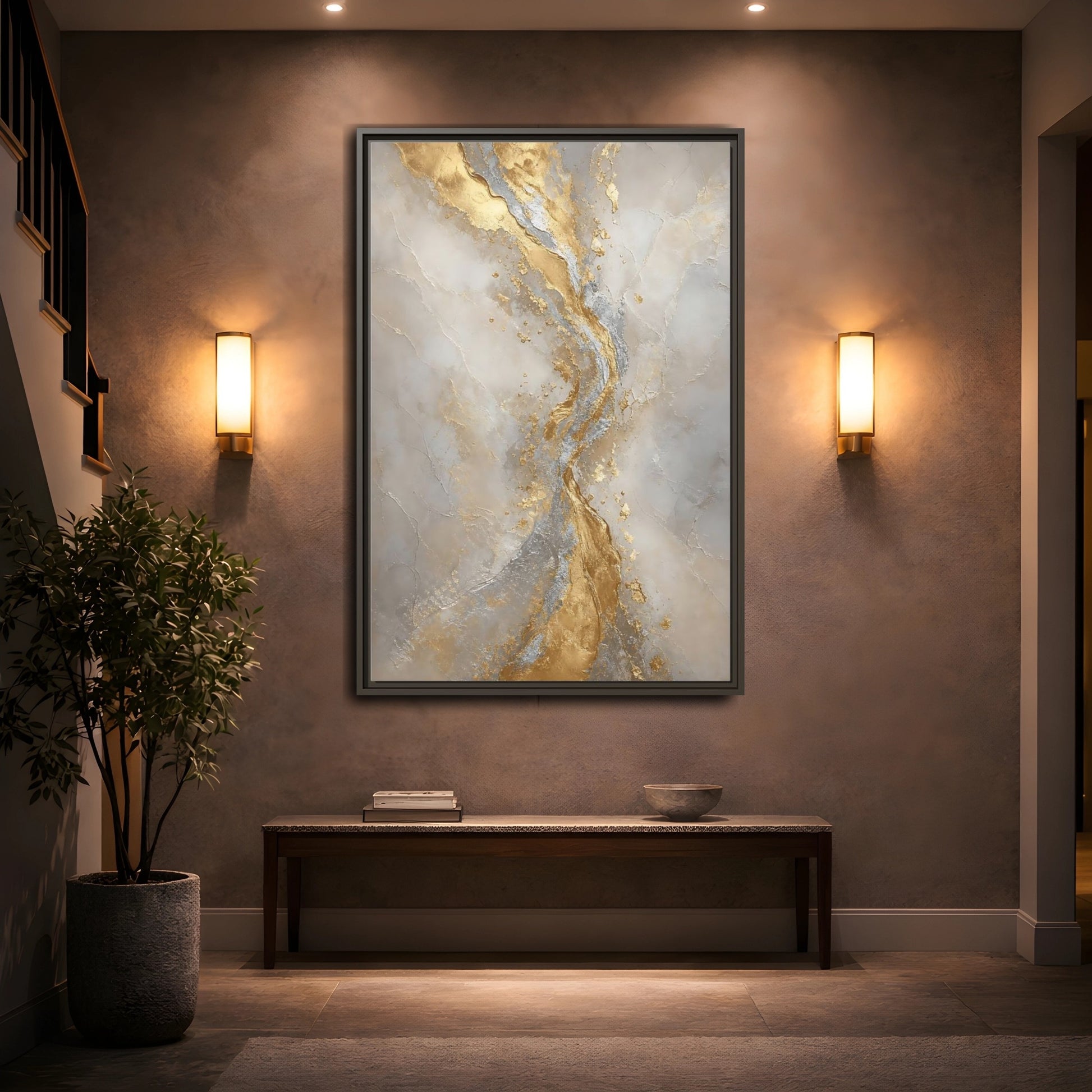 Mockup 2. Golden Marble Flow shown as framed canvas print
