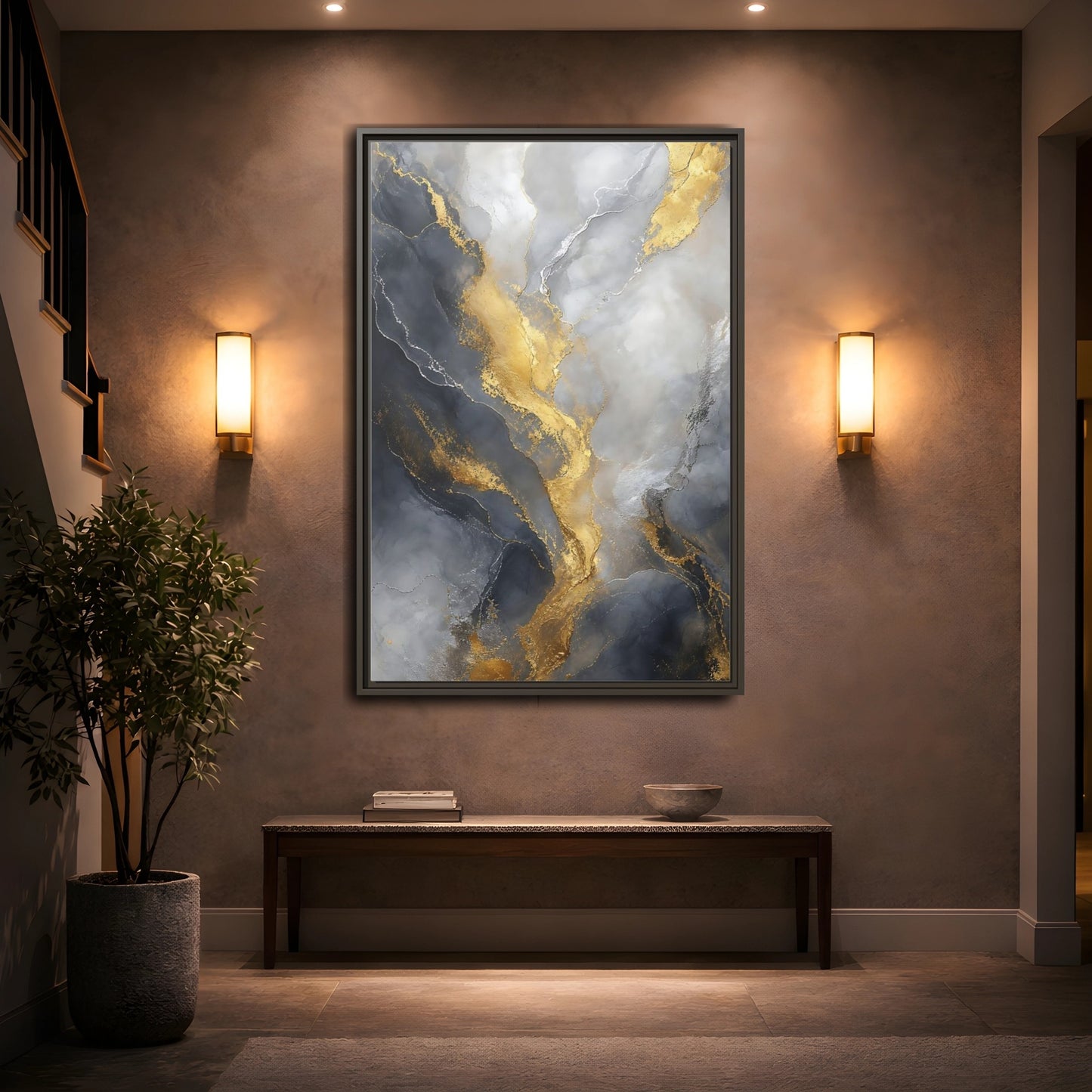 Mockup 2. Golden Marble Flow shown as framed canvas print