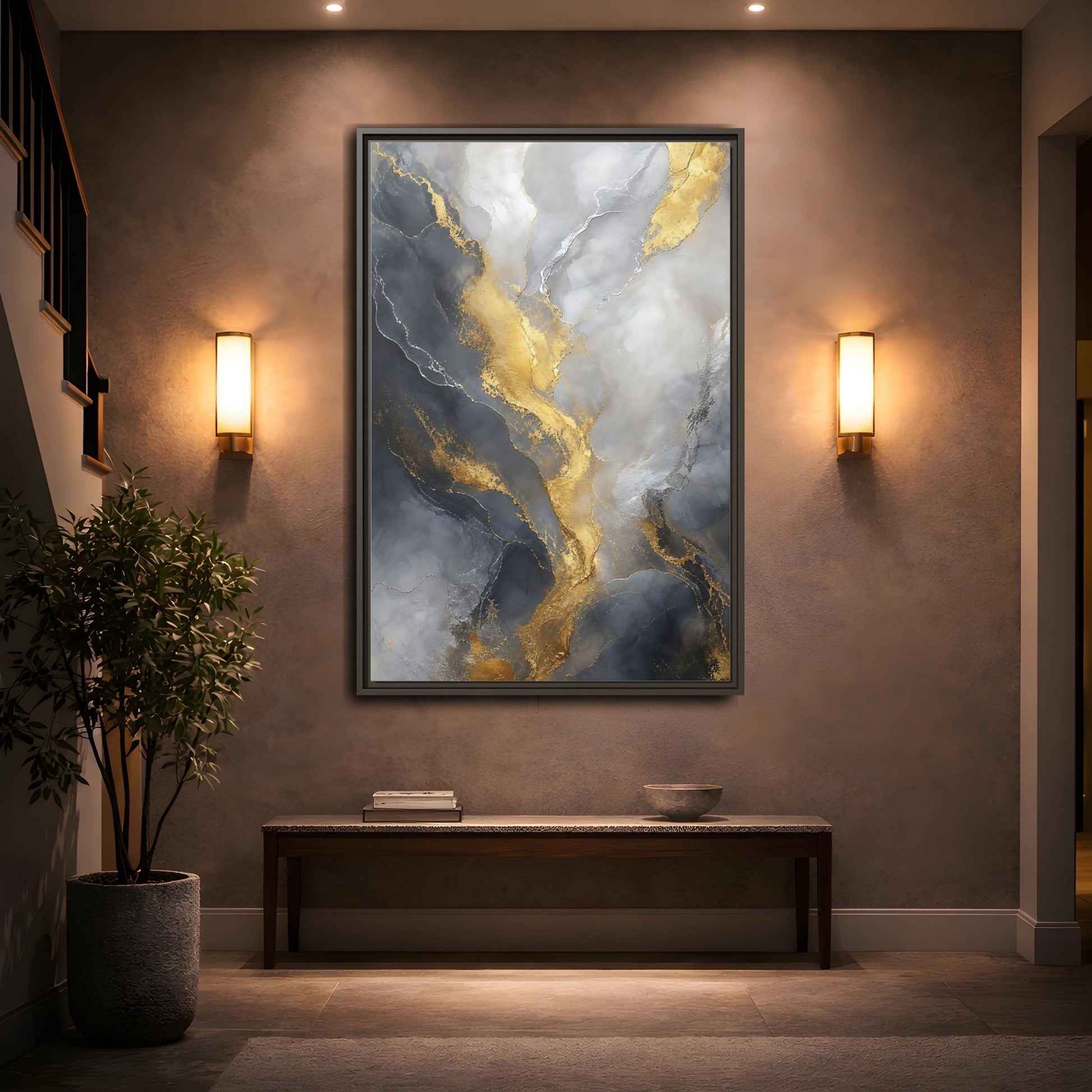 Mockup 2. Golden Marble Flow shown as framed canvas print