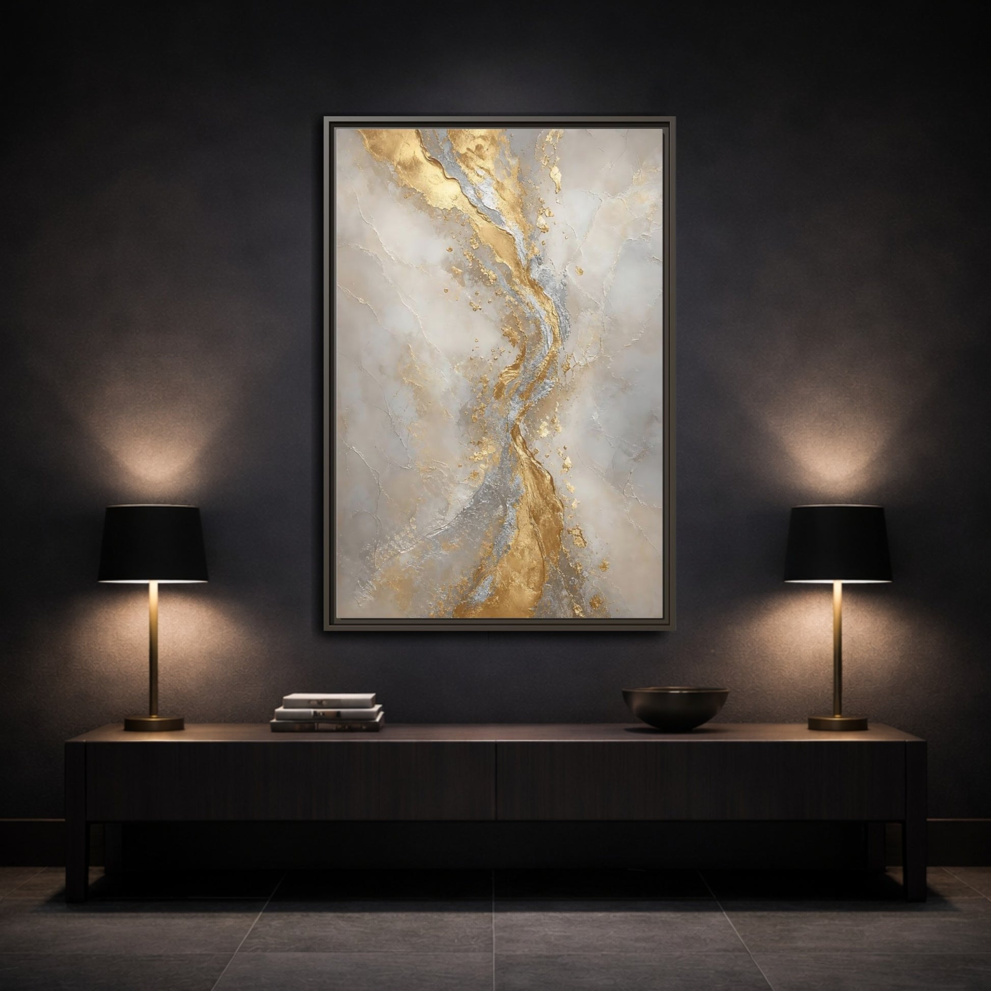 Mockup 3. Golden Marble Flow shown as framed canvas print