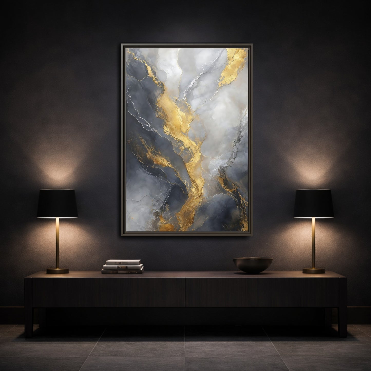 Mockup 3. Golden Marble Flow shown as framed canvas print