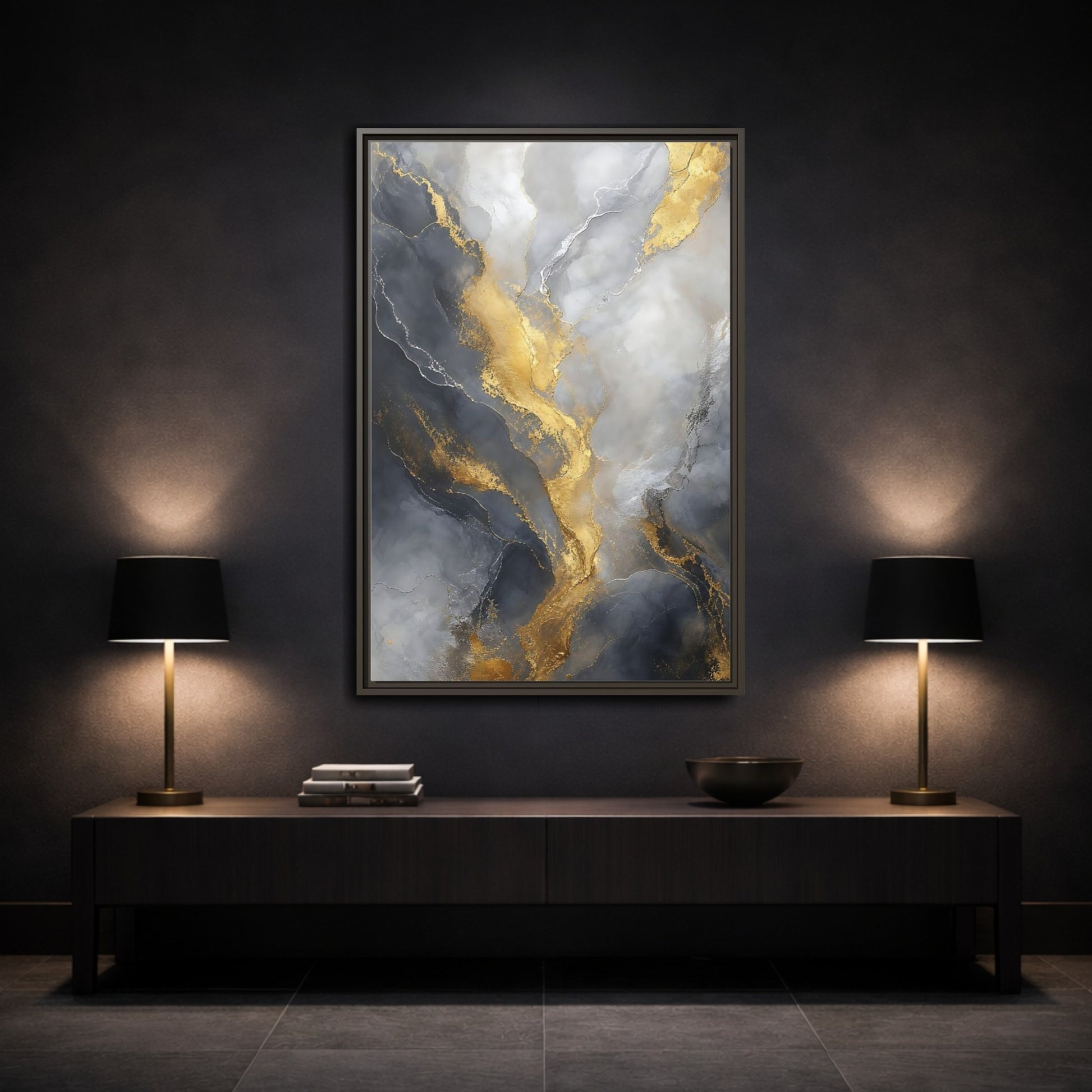 Mockup 3. Golden Marble Flow shown as framed canvas print