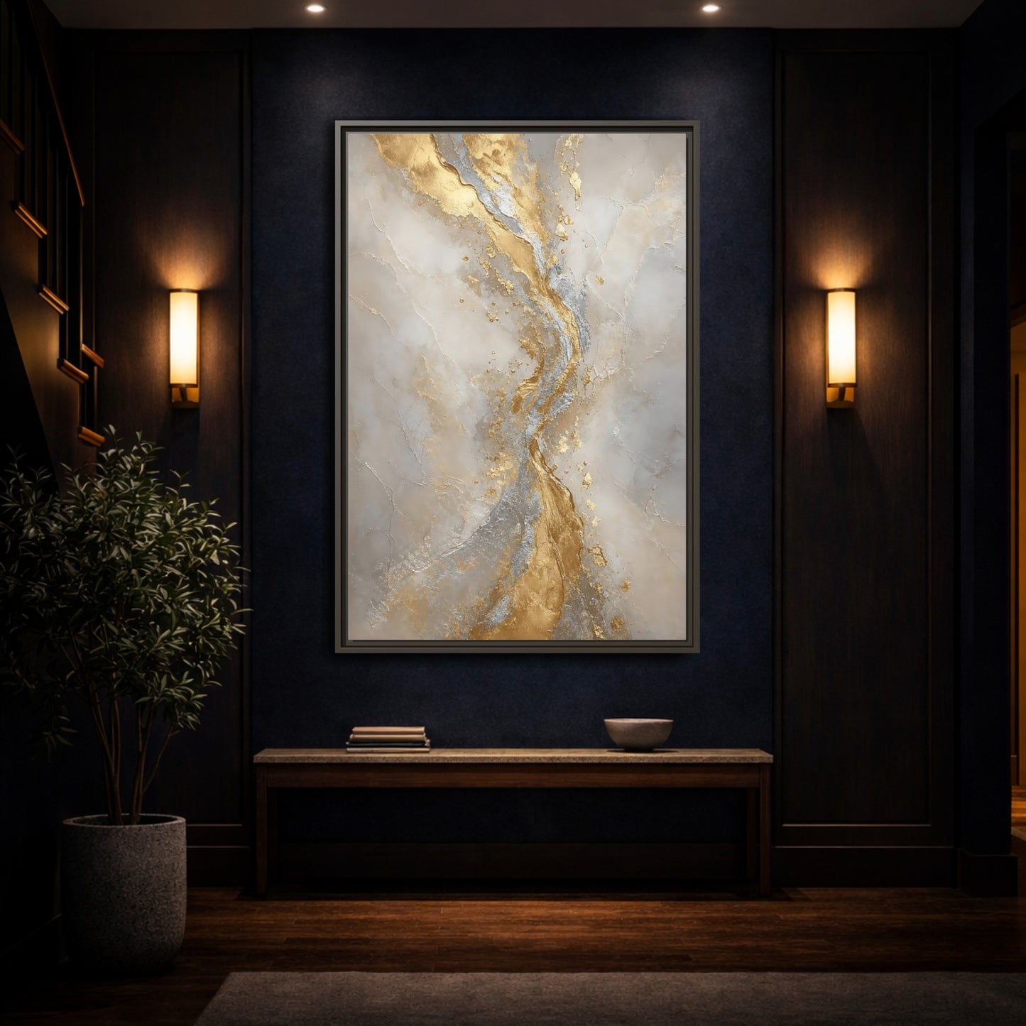Mockup 4. Golden Marble Flow shown as framed canvas print