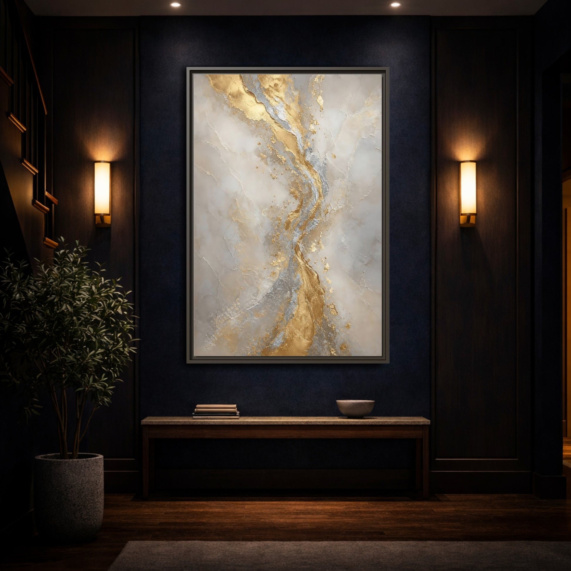 Mockup 4. Golden Marble Flow shown as framed canvas print