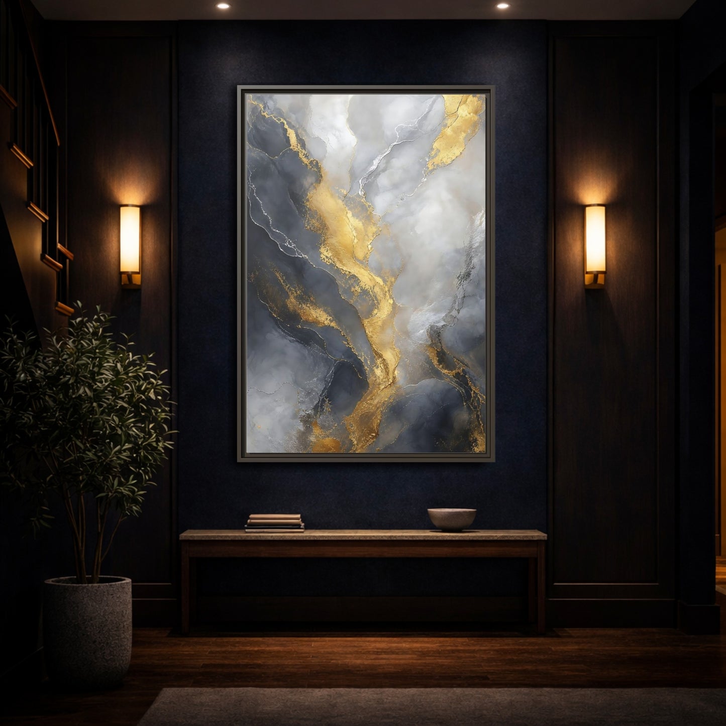 Mockup 4. Golden Marble Flow shown as framed canvas print