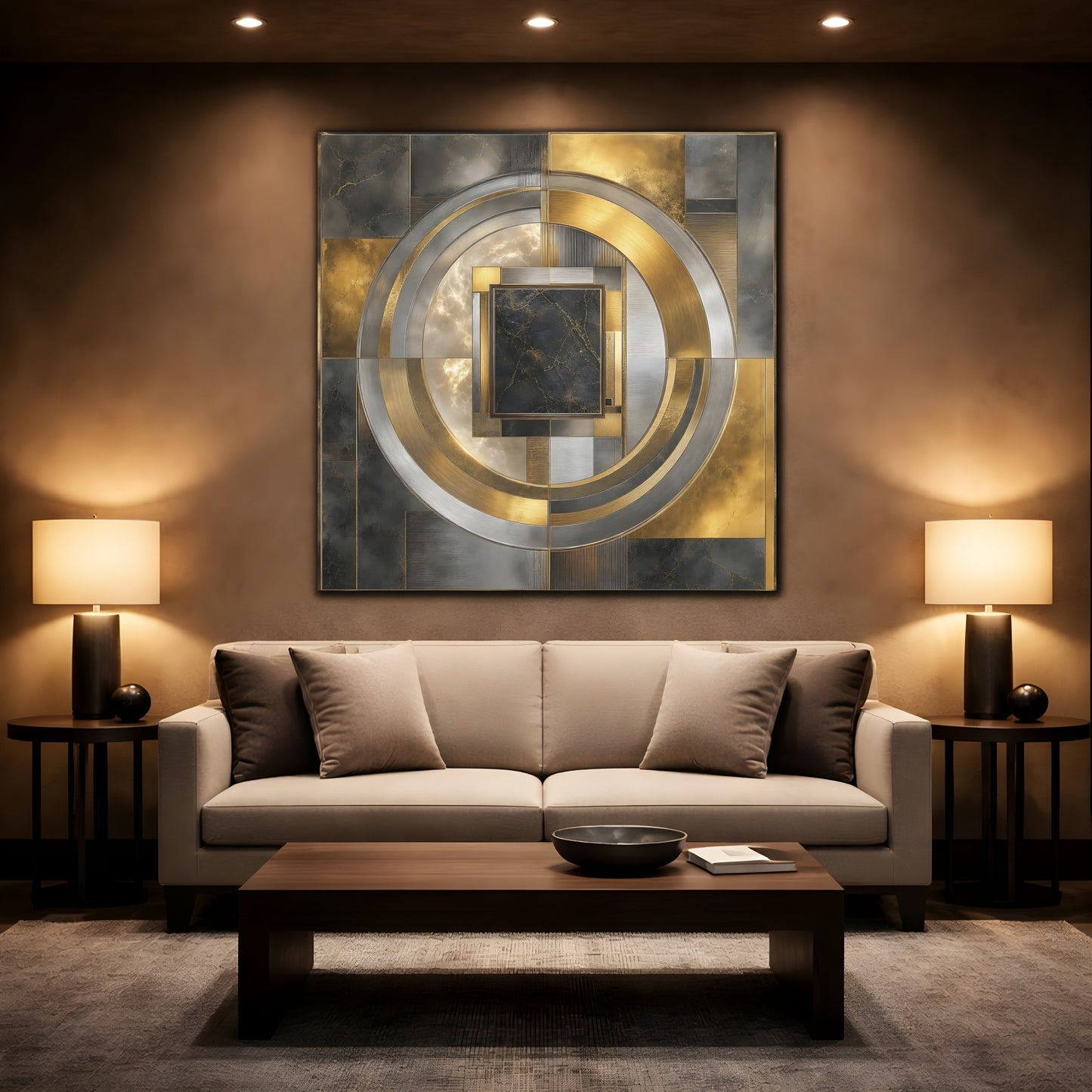 Mockup 2. Golden Marble Geometric Circle shown as canvas print