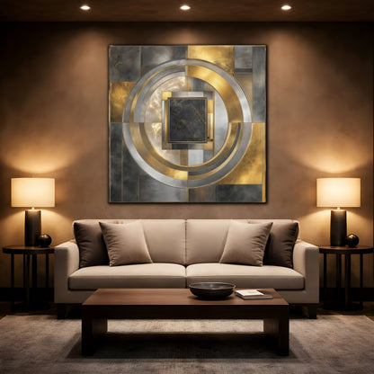 Mockup 2. Golden Marble Geometric Circle shown as canvas print