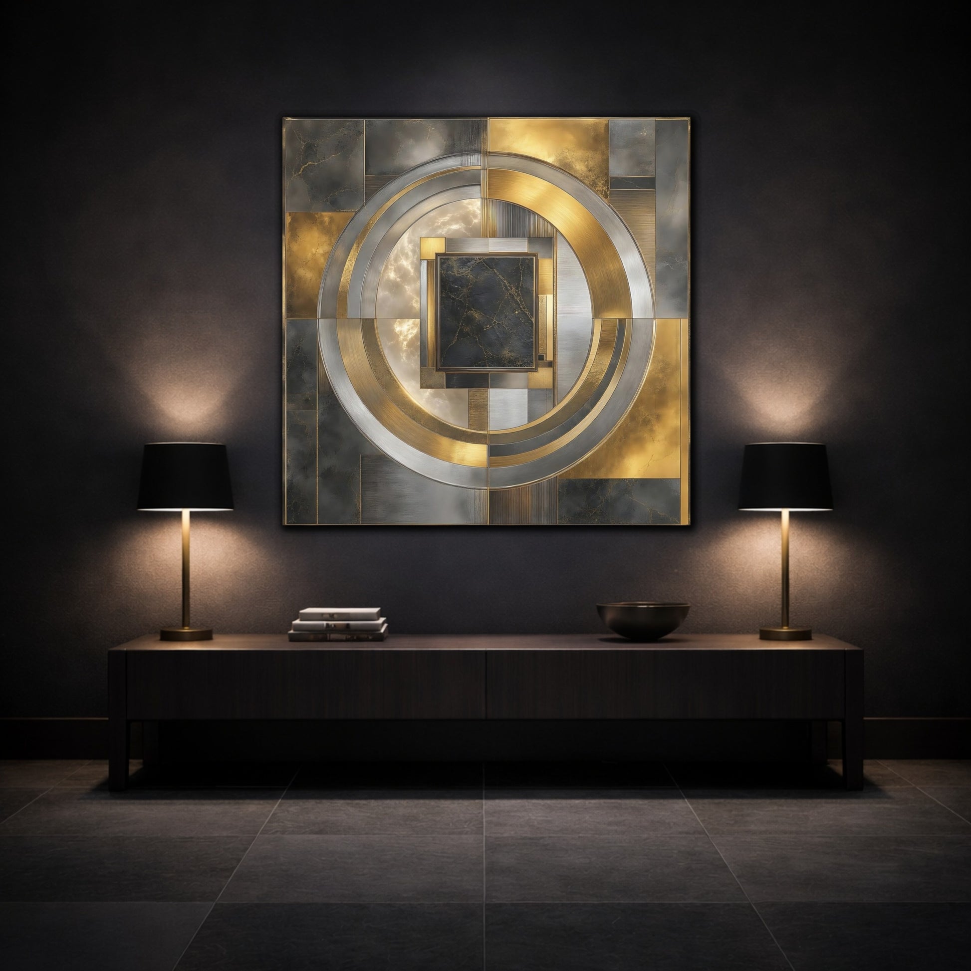 Mockup 3. Golden Marble Geometric Circle shown as canvas print