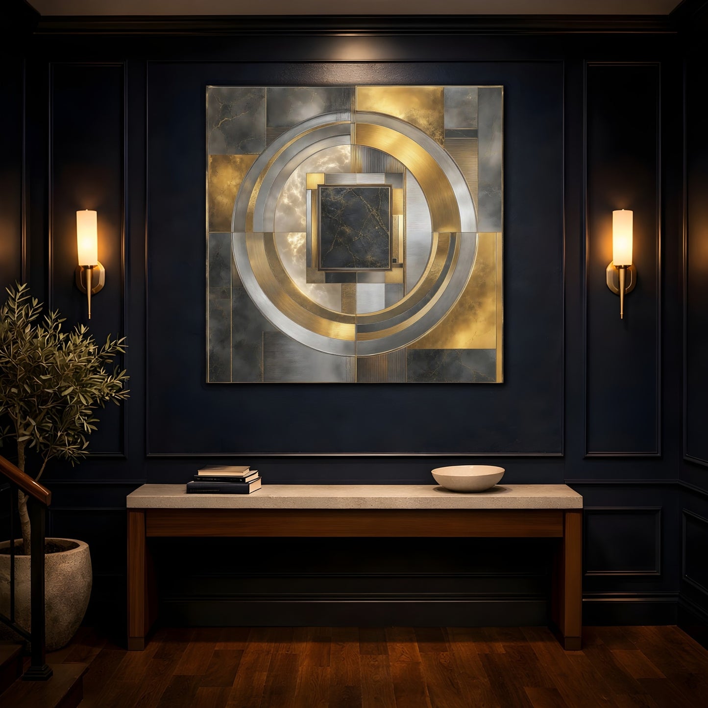Mockup 4. Golden Marble Geometric Circle shown as canvas print