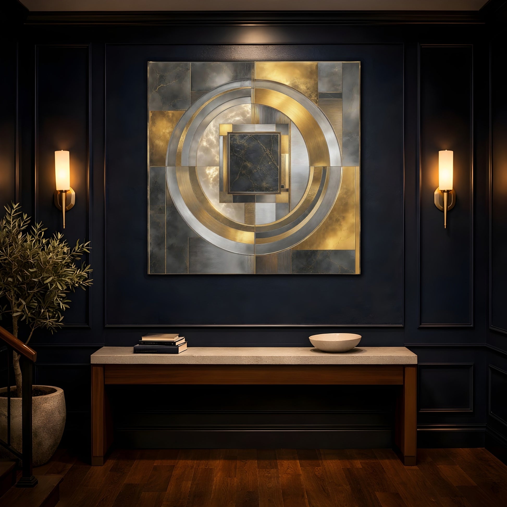 Mockup 4. Golden Marble Geometric Circle shown as canvas print