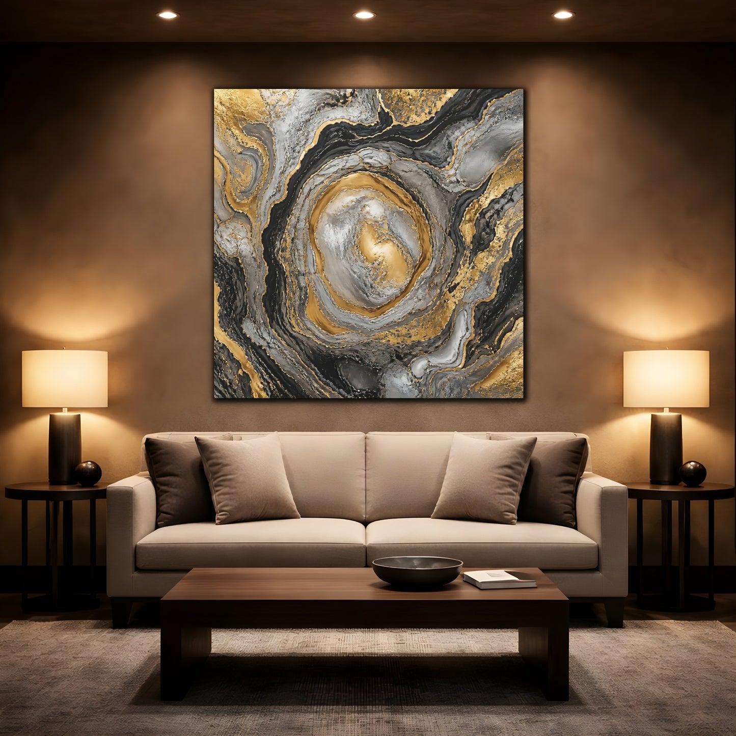 Mockup 2. Golden Marble Swirl shown as canvas print