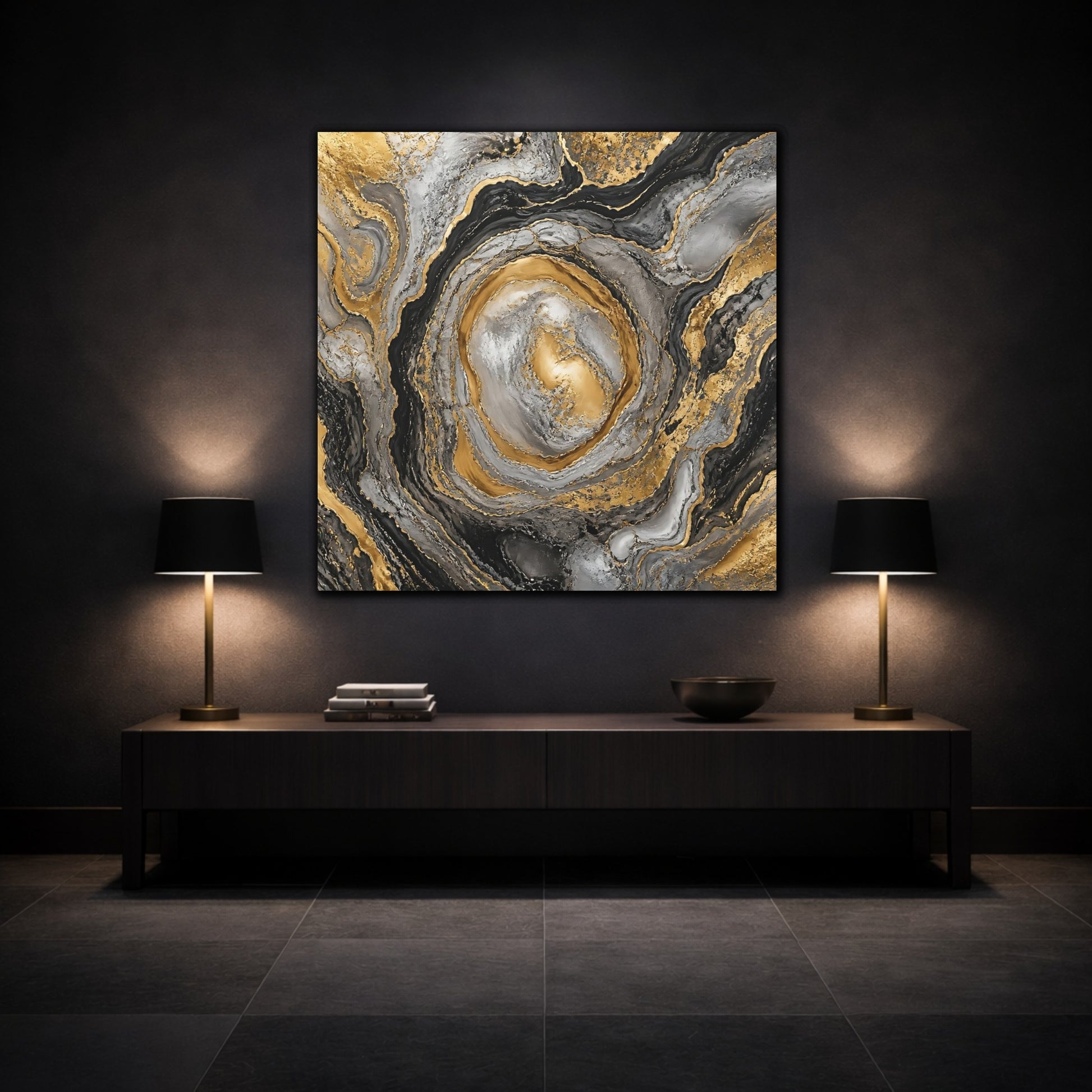 Mockup 3. Golden Marble Swirl shown as canvas print