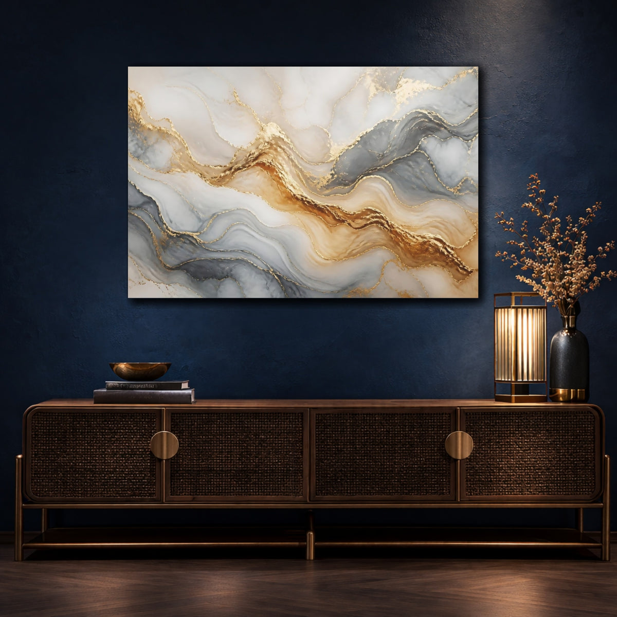 Mockup 4. Golden Marble Swirl shown as canvas print