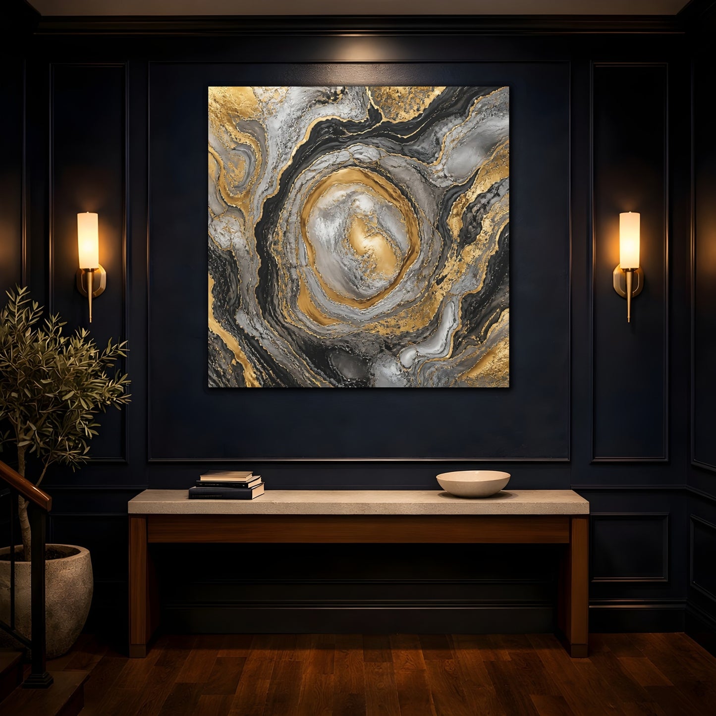 Mockup 4. Golden Marble Swirl shown as canvas print