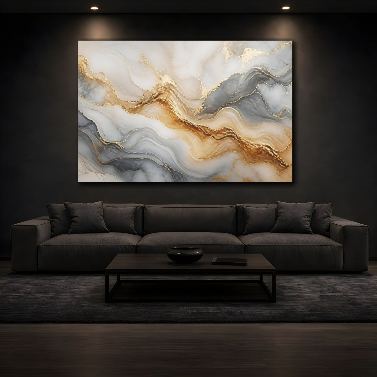 Mockup 3. Golden Marble Waves shown as canvas print