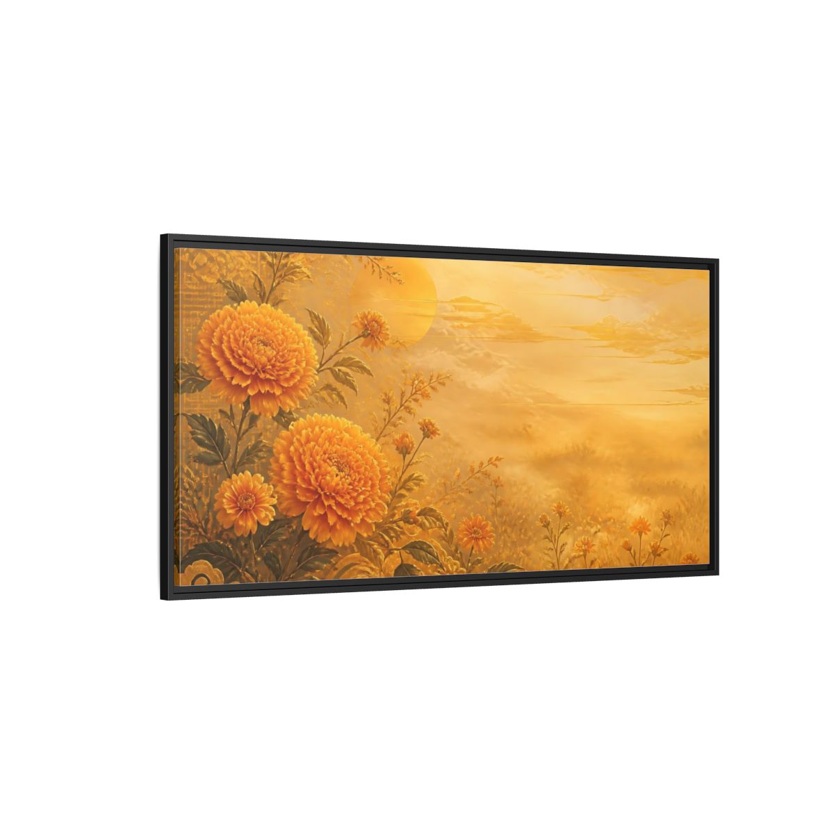 Side Mockup 5. Golden Marigold Sunrise shown as framed canvas print
