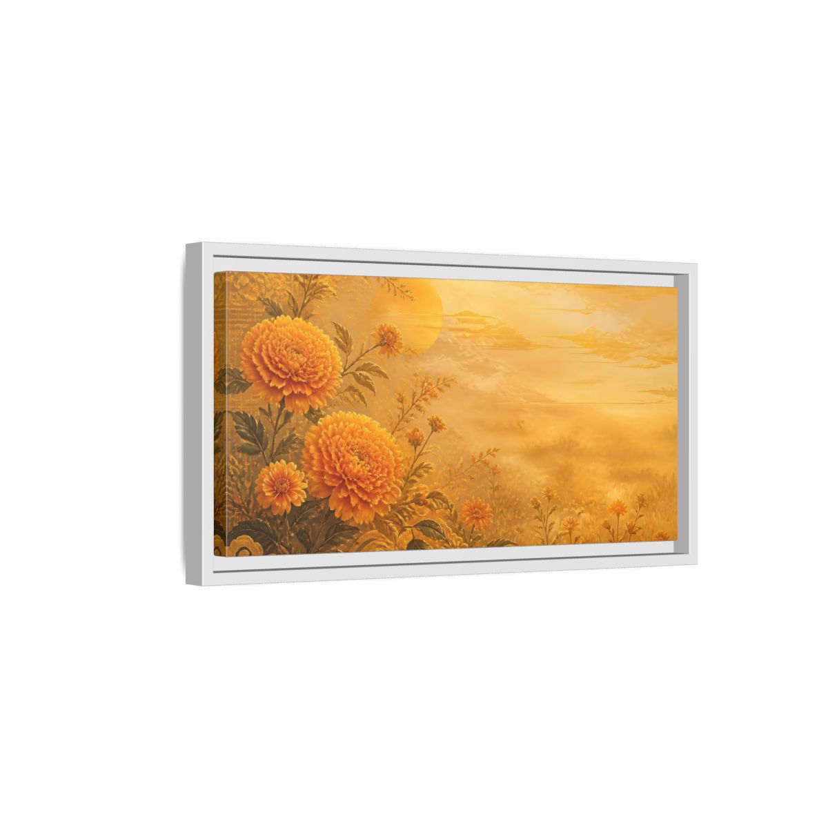 Side Mockup 6. Golden Marigold Sunrise shown as framed canvas print