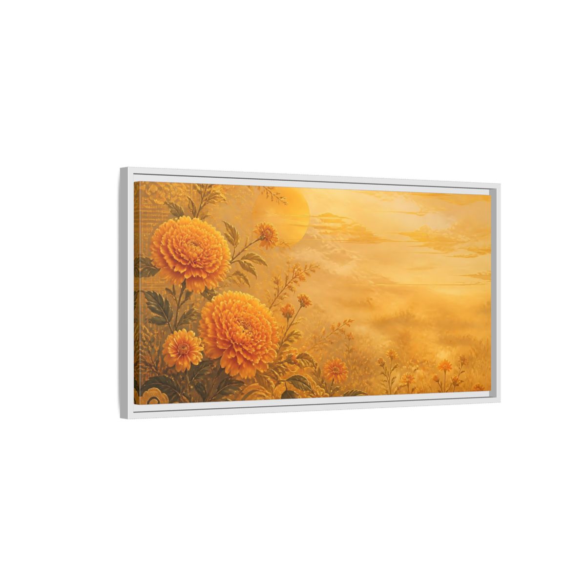 Side Mockup 1. Golden Marigold Sunrise shown as framed canvas print