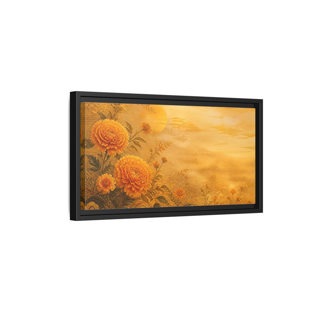Side Mockup 8. Golden Marigold Sunrise shown as framed canvas print