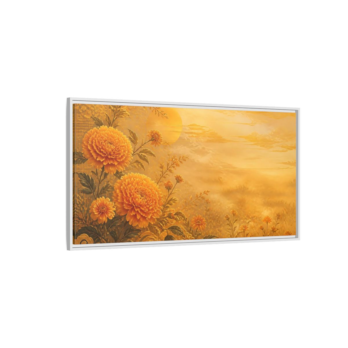 Side Mockup 3. Golden Marigold Sunrise shown as framed canvas print