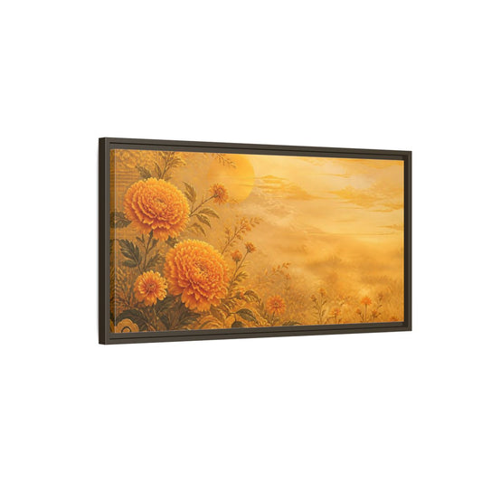 Main Mockup. Golden Marigold Sunrise shown as framed canvas print