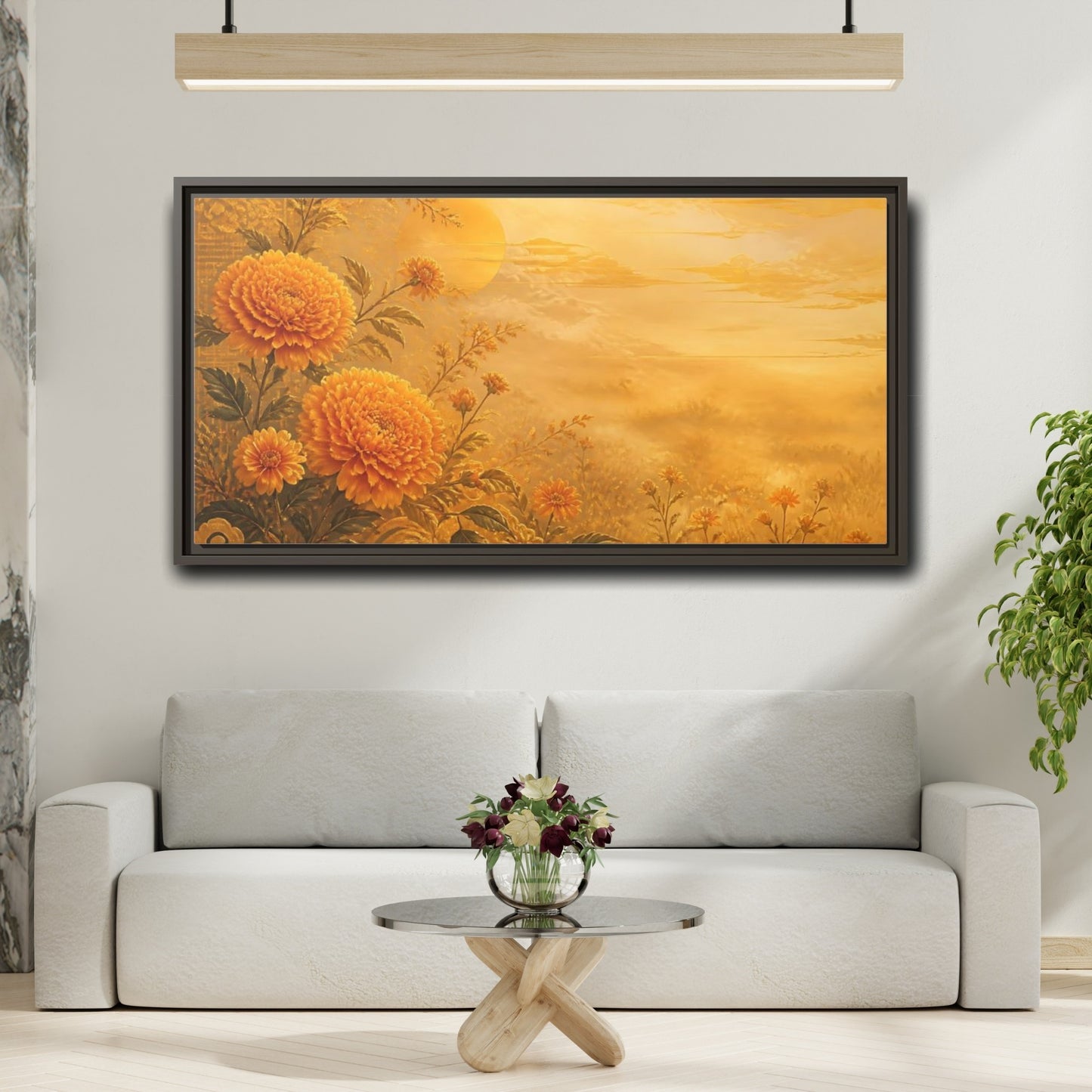 Mockup 2. Golden Marigold Sunrise shown as framed canvas print