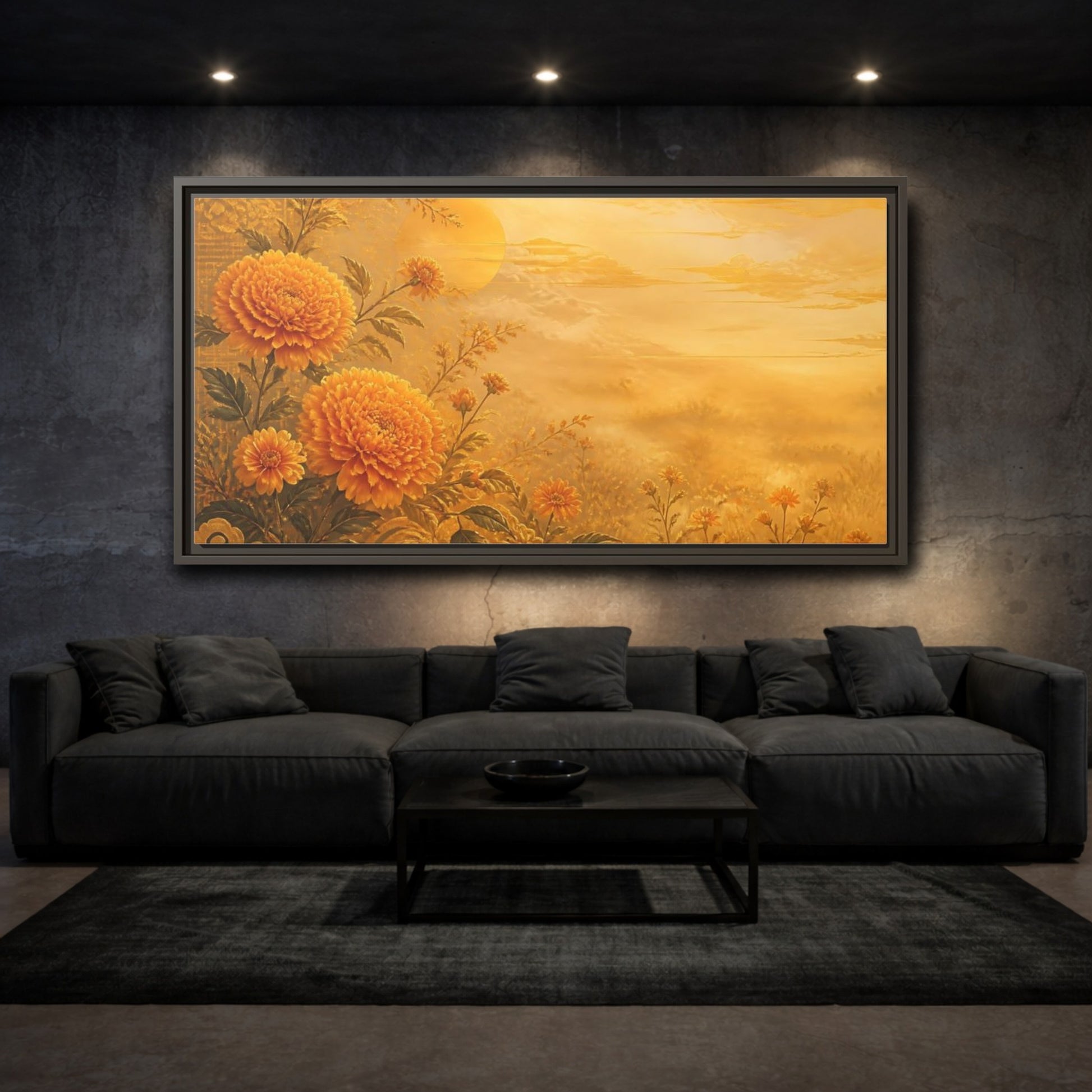 Mockup 3. Golden Marigold Sunrise shown as framed canvas print