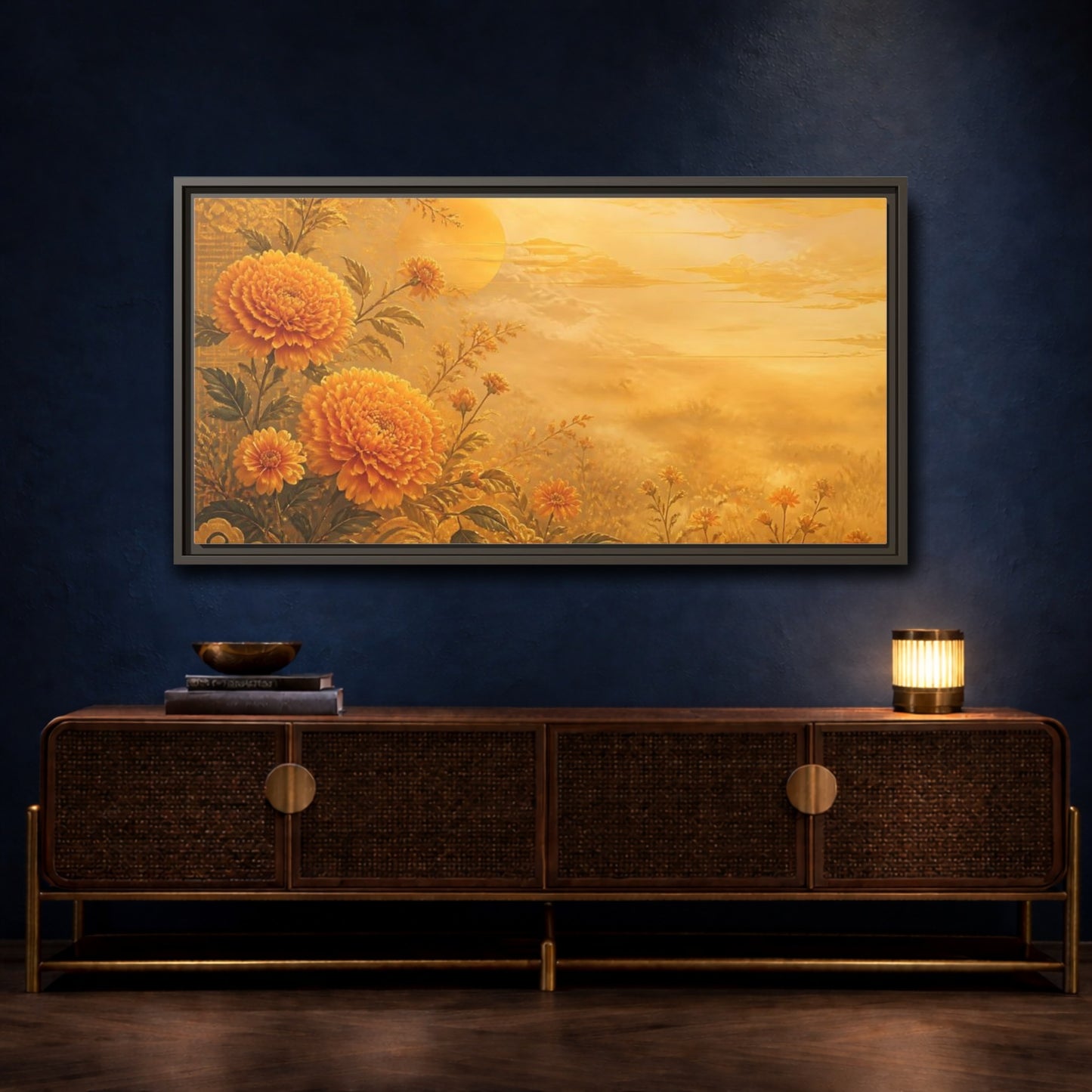 Mockup 4. Golden Marigold Sunrise shown as framed canvas print