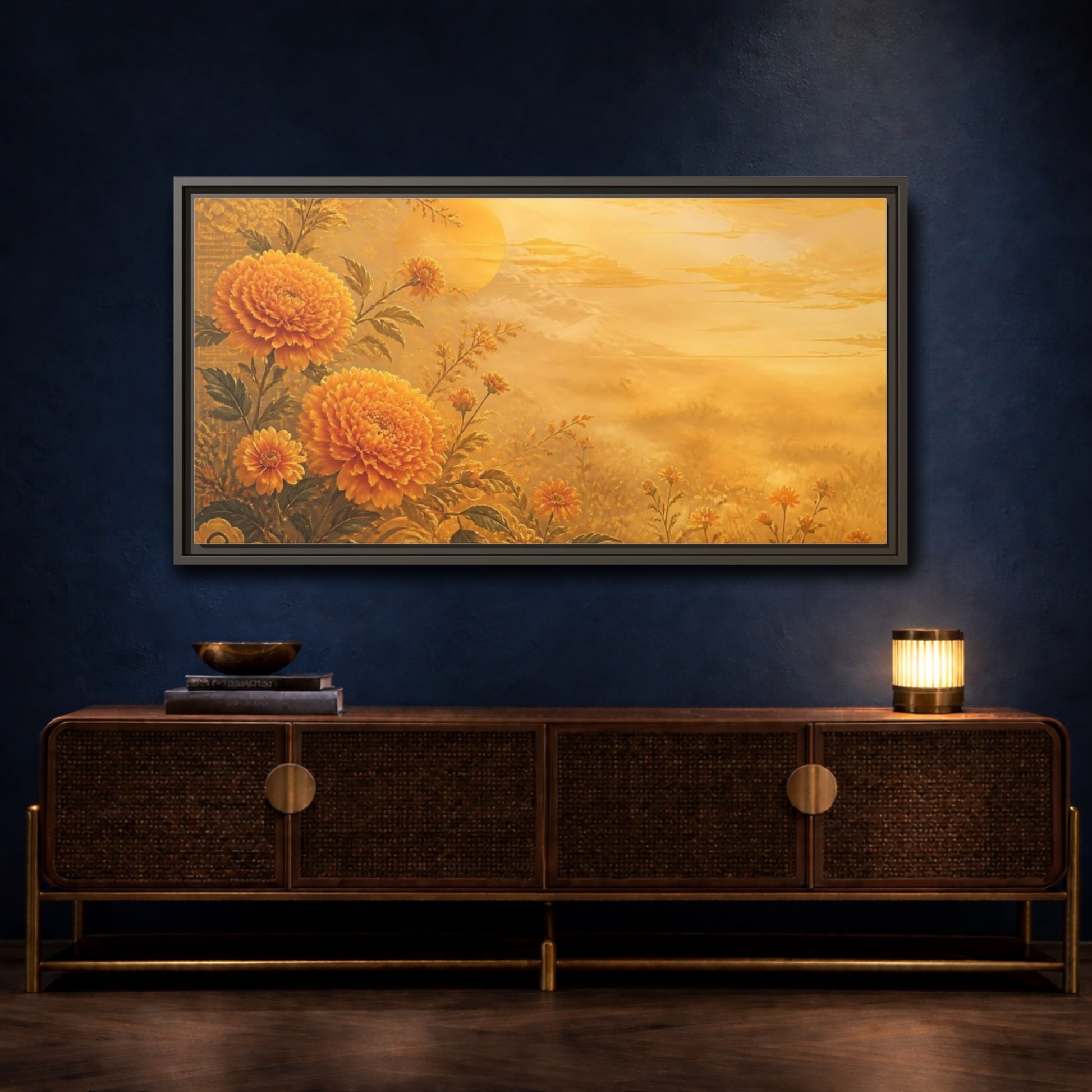 Mockup 4. Golden Marigold Sunrise shown as framed canvas print