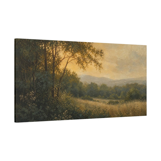 Main Mockup. Golden Meadow At Dusk shown as canvas print