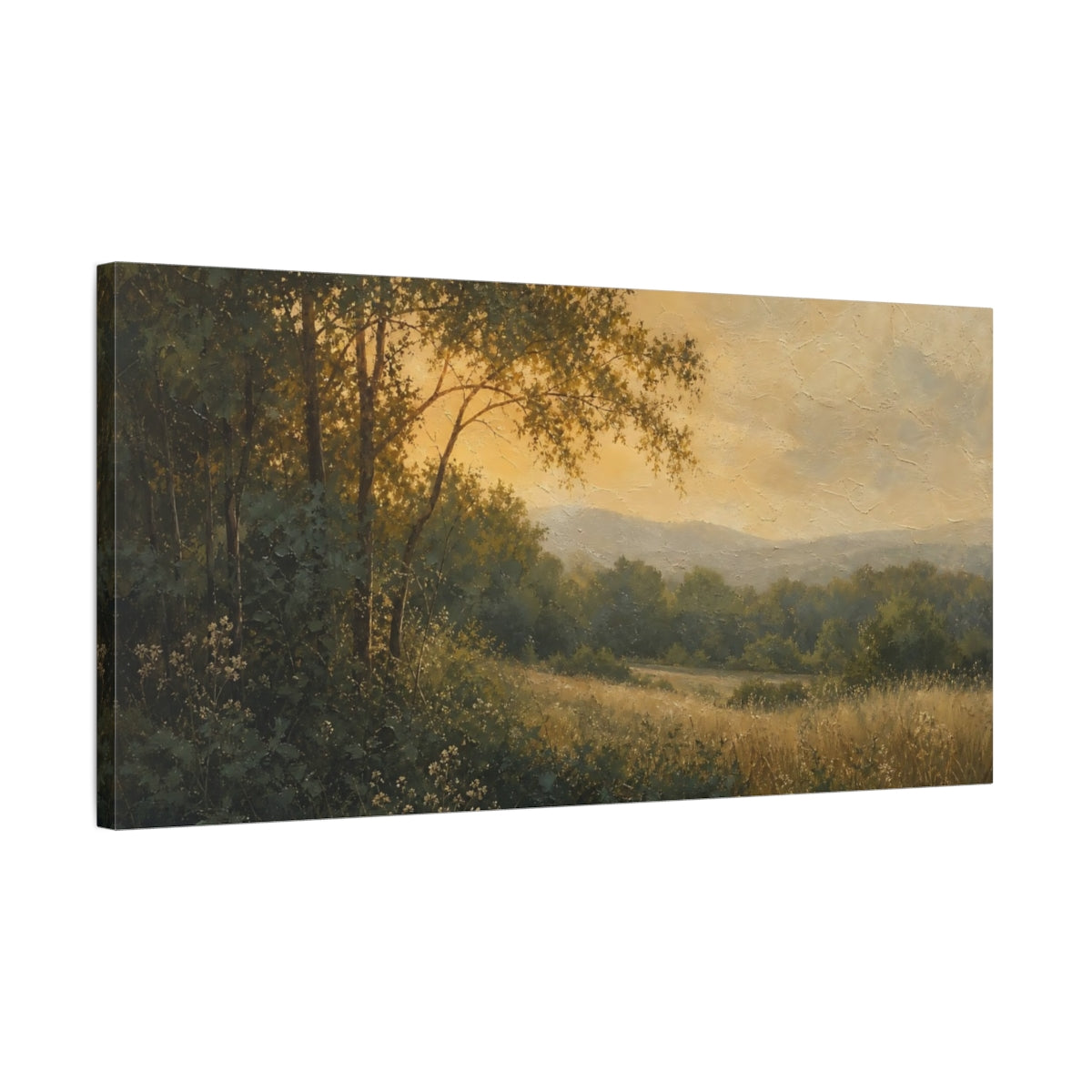 Side Mockup 1. Golden Meadow At Dusk shown as canvas print