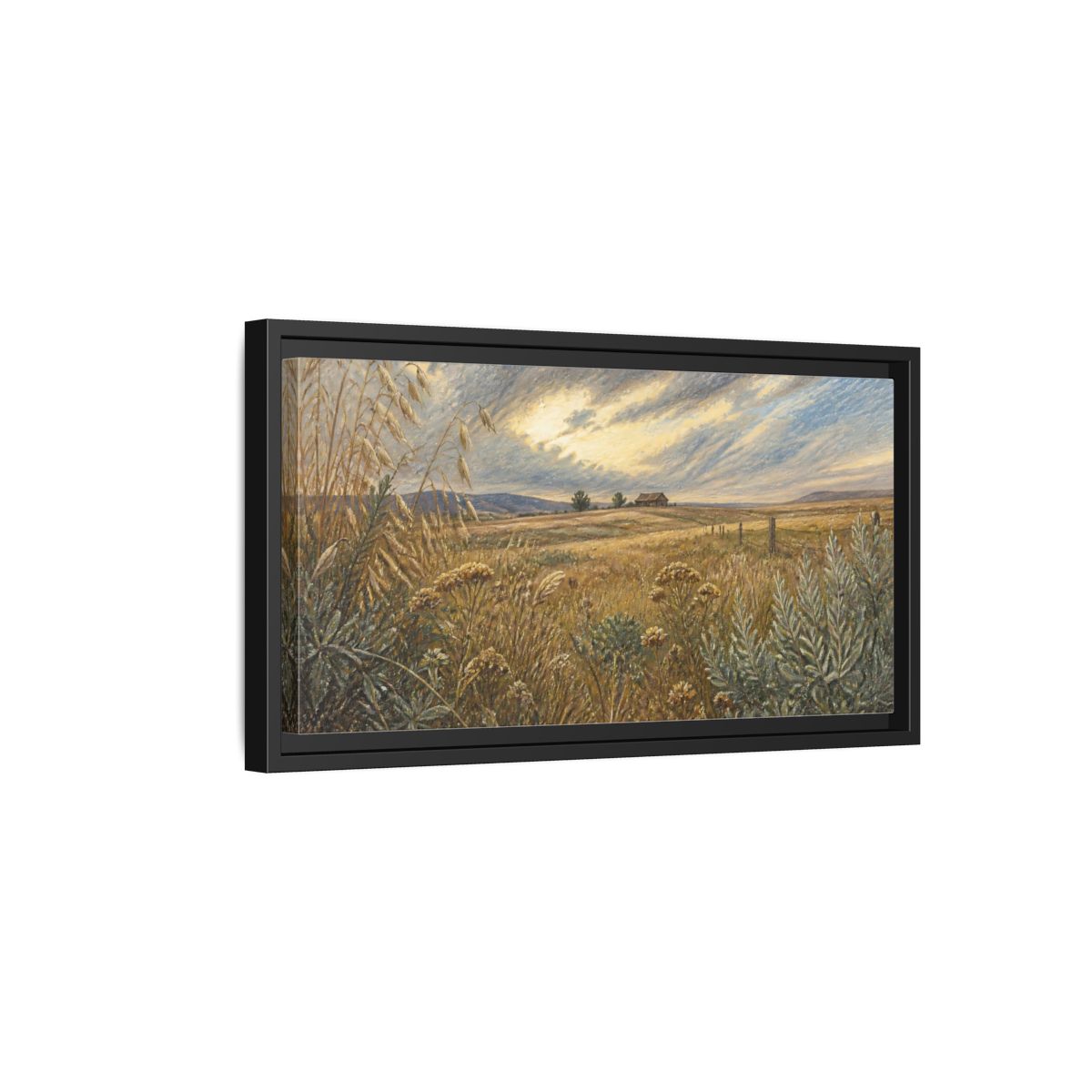 Side Mockup 8. Golden Meadow With Barn shown as framed canvas print