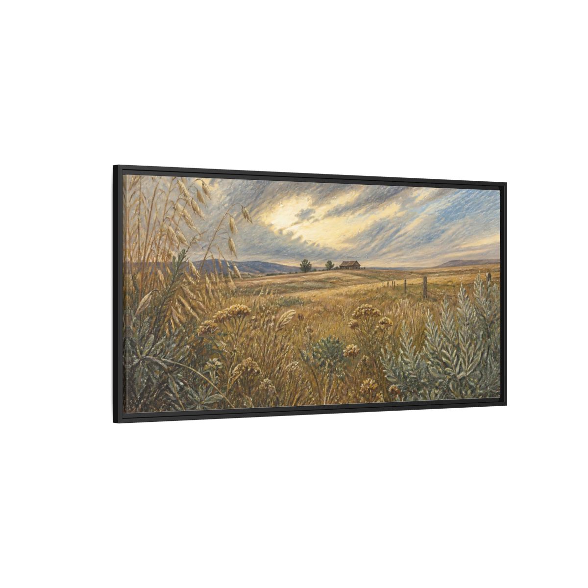 Side Mockup 5. Golden Meadow With Barn shown as framed canvas print