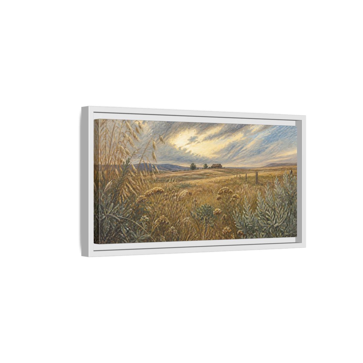 Side Mockup 6. Golden Meadow With Barn shown as framed canvas print