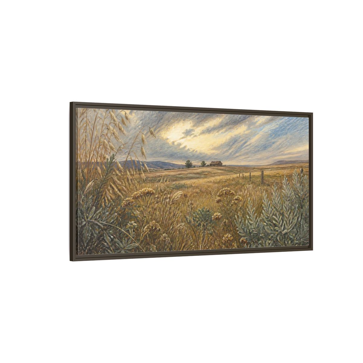 Side Mockup 4. Golden Meadow With Barn shown as framed canvas print