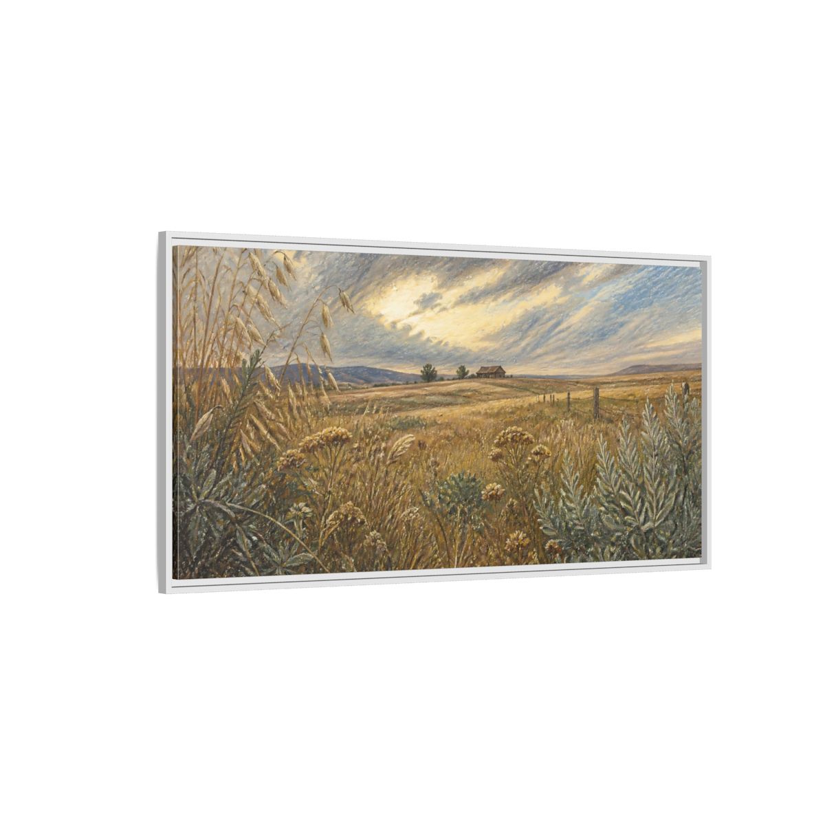 Side Mockup 3. Golden Meadow With Barn shown as framed canvas print