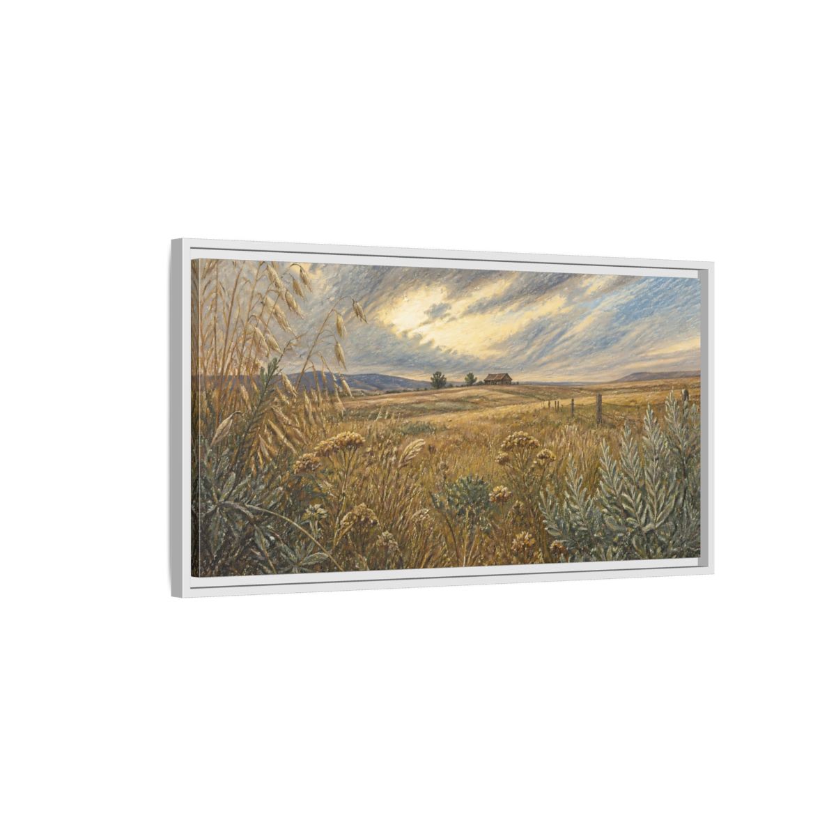 Side Mockup 1. Golden Meadow With Barn shown as framed canvas print