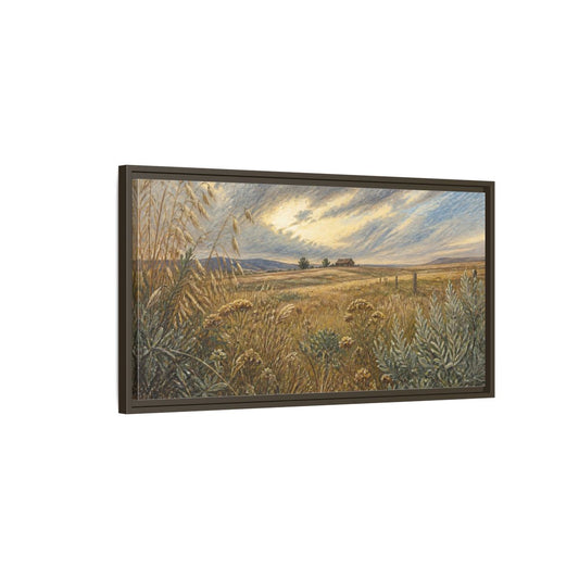 Main Mockup. Golden Meadow With Barn shown as framed canvas print