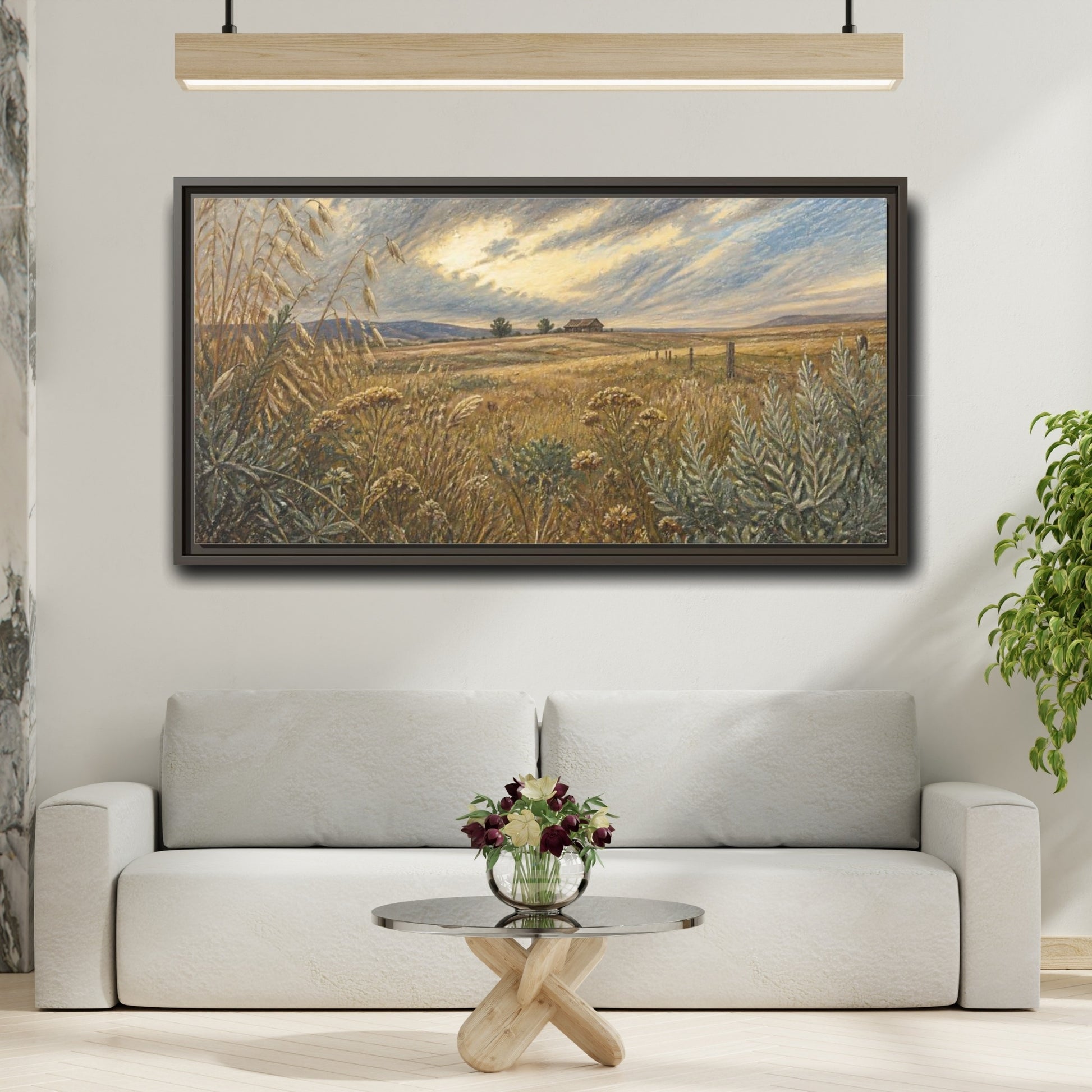 Mockup 2. Golden Meadow With Barn shown as framed canvas print