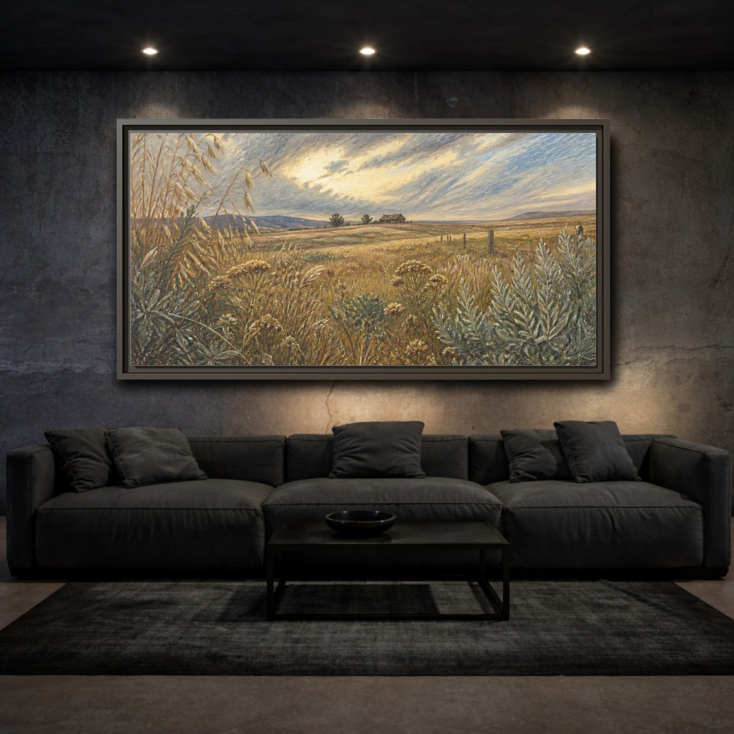 Mockup 3. Golden Meadow With Barn shown as framed canvas print