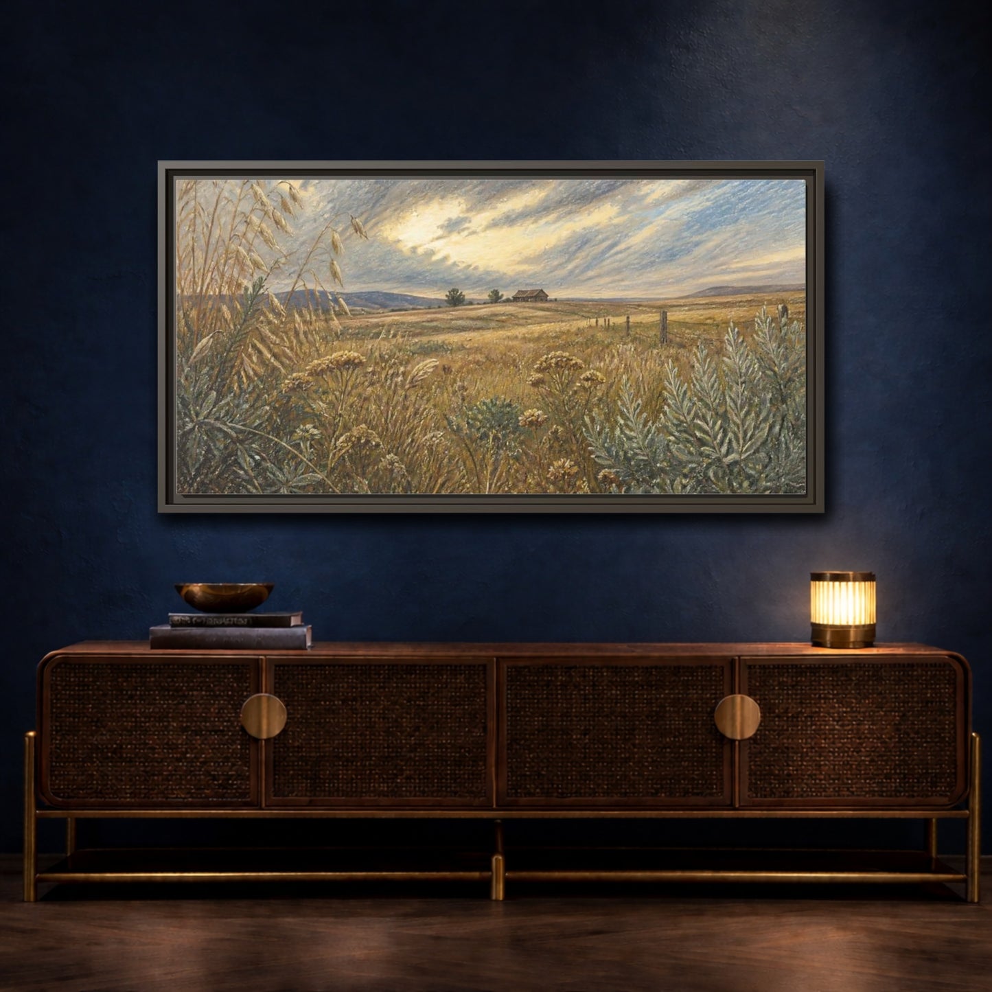 Mockup 4. Golden Meadow With Barn shown as framed canvas print