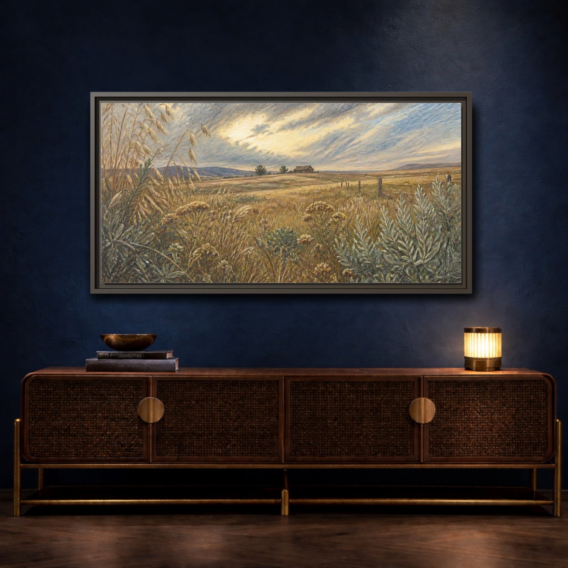 Mockup 4. Golden Meadow With Barn shown as framed canvas print