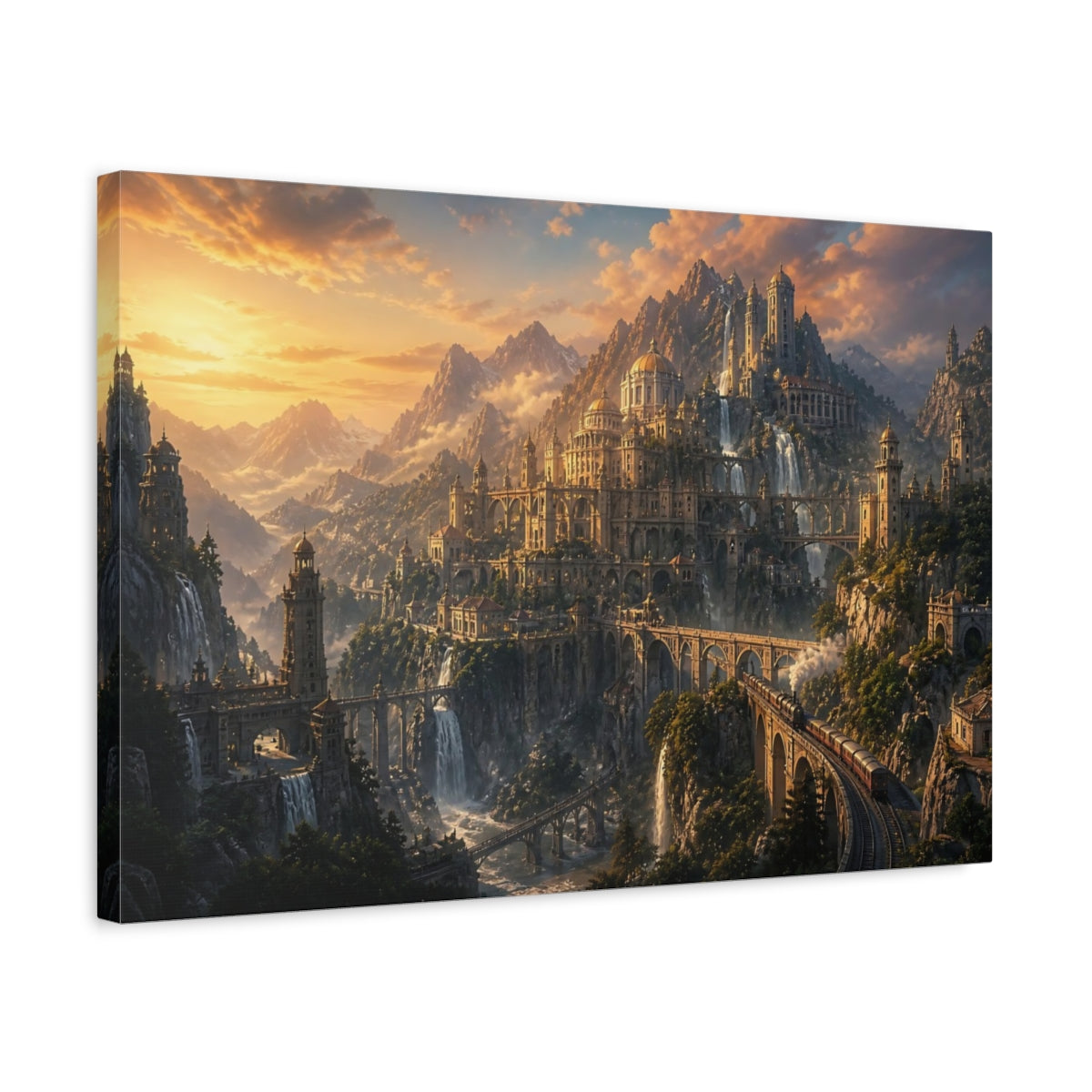 Side Mockup 3. Golden Mountain Citadel shown as canvas print