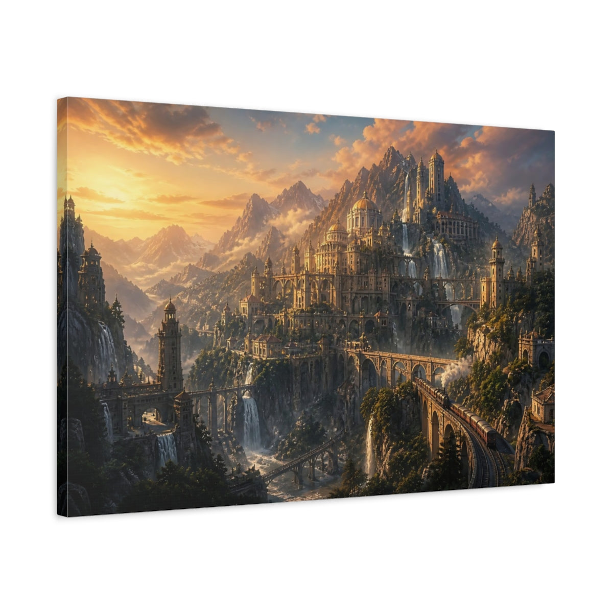 Side Mockup 2. Golden Mountain Citadel shown as canvas print