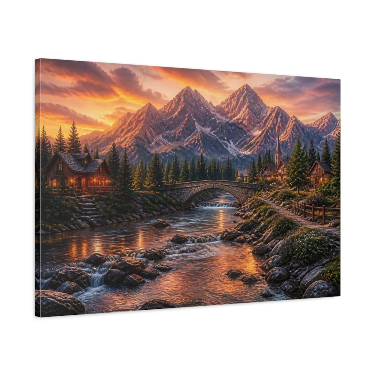 Main Mockup. Golden Mountain River Village shown as canvas print